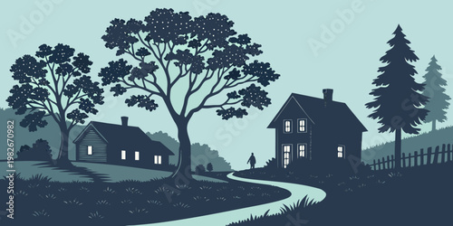 Evening countryside landscape with rural houses silhouette under trees and path rural life countryside silhouette landscape twilight illustration peaceful building dwelling residence