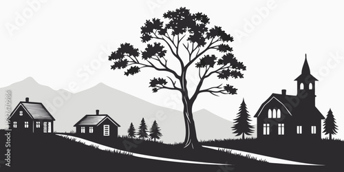 Countryside landscape silhouette featuring a church and village houses landscape silhouette mountain countryside building pastoral settlement illustration background peaceful dwelling