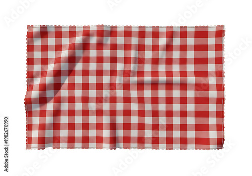 Gingham Tablecloth. Red and White Fabric. Classic Picnic Style. Wrinkled Checkered Texture. Isolated Background.