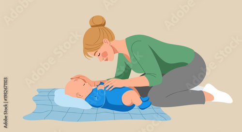 Caring mother massaging newborn baby on a blanket, gentle infant massage for colic relief, mother and child bonding moment vector illustration