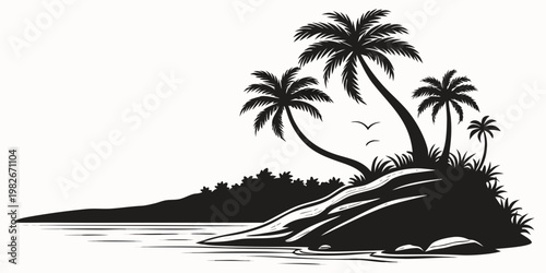 Black and white silhouette illustration of a tropical island beach with palm trees and a calm sea isolated graphic design element tropical silhouette landscape vacation paradise isolated