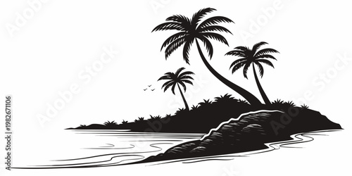 Tropical island scene with multiple palm trees and shoreline waves tropical silhouette paradise illustration isolated vacation landscape minimalist blackandwhite template islandlife