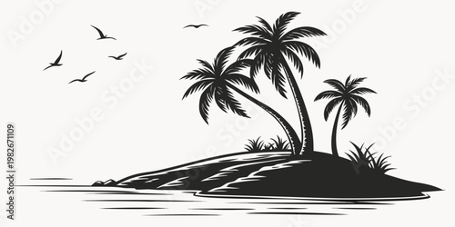 Black and white silhouette illustration of a tropical island with palm trees and flying birds isolated graphic design element tropical silhouette paradise landscape vacation illustration