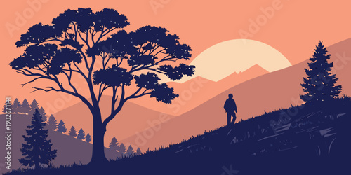 Person silhouette walking on a mountain trail under a tree at sunset with large sun mountain silhouette landscape adventure climbing trekking wilderness vacation recreation lifestyle