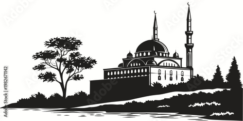 Silhouette illustration of a classic mosque with minarets and dome by a tree and river architecture silhouette religion building cultural illustration traditional landmark monochrome