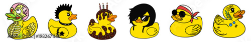 Rubber Duck Character Set, Yellow Bath Toy Ducks in Funny Costume Styles, Punk Rock, Zombie, Pirate, Cool Sunglasses, Cake Dessert and Tattoo Duck Collection for Kids Bathroom Fun