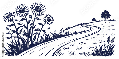 Black and white line art graphic of a winding country road leading through a lush field with large sunflowers sunflower landscape illustration botanical countryside creative decorative