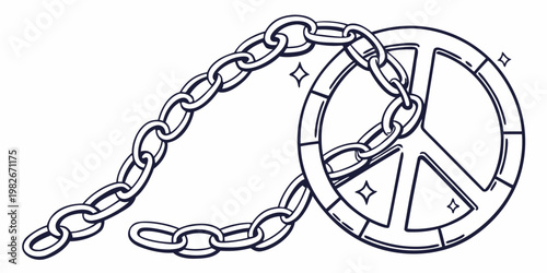 Line art peace symbol attached to heavy metal chain concept with liberation illustration abstract connected tethered movement activism conflict restraint shackles strength solidarity