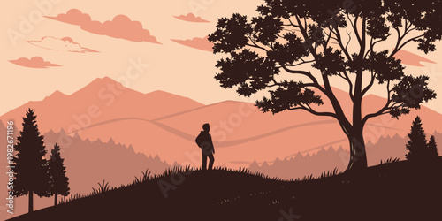 Man standing on a hill enjoying a panoramic mountain view at dusk with a large tree silhouette mountain landscape adventure wilderness vacation recreation standing lifestyle climbing