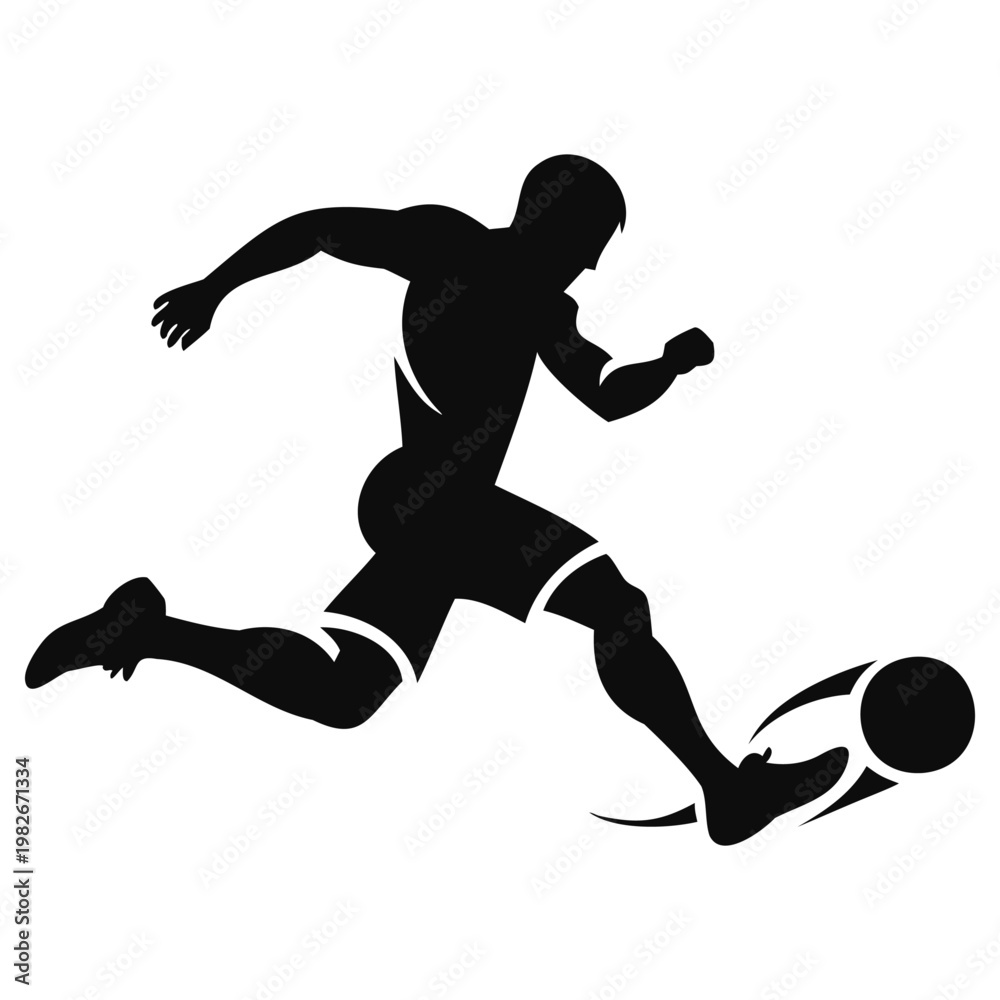 Obraz premium Dynamic vector illustration portraying a male soccer player in full stride, powerfully kicking a football for an energetic sports graphic design.