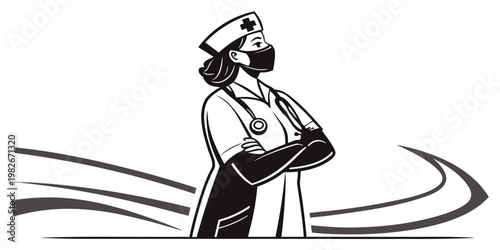 Graphic illustration of a nurse wearing a protective mask and cap with arms crossed standing in front of abstract waves healthcare medicine stethoscope hospital professional practitioner