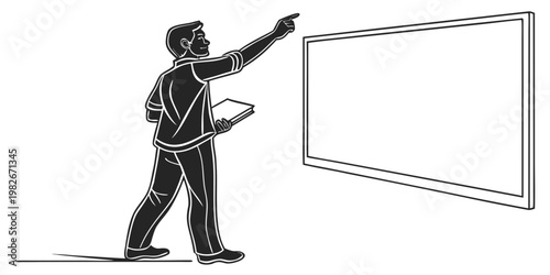 Graphic silhouette of a man holding a book and pointing to a blank whiteboard for presentation with pointing whiteboard education classroom learning academic instruction presenter