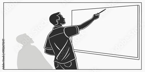 Silhouette illustration of a male teacher or presenter pointing to a blank projection screen with pointing education classroom learning academic instruction presenter training university