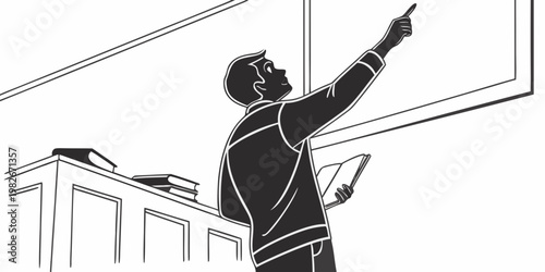 Silhouette illustration of a man standing at a desk with books pointing at a blank whiteboard pointing whiteboard education classroom learning academic instruction presenter training