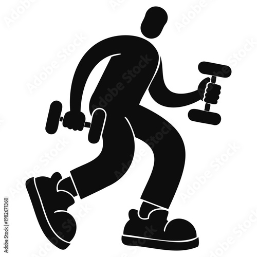Dynamic vector graphic illustration portrays a stylized silhouette figure actively engaged in a fitness workout, holding dumbbells, emphasizing strength and healthy lifestyle.