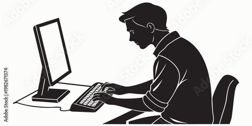 Silhouette illustration of a man typing on a computer keyboard while working at a desk with computer keyboard silhouette business technology professional operator internet programming