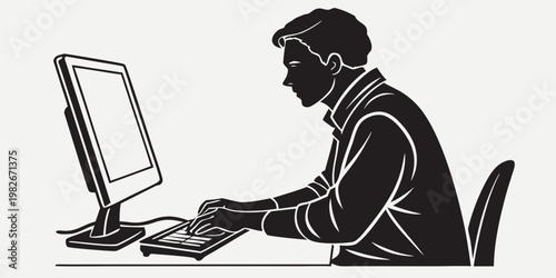 Graphic silhouette of a man working on a computer typing on a keyboard at a desk with computer keyboard silhouette business technology professional internet software developer employee