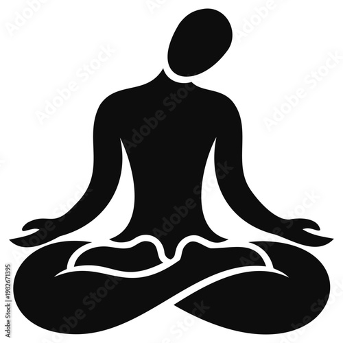 Minimalist vector graphic illustration of a person practicing mindfulness and relaxation while sitting in a traditional lotus pose for wellness and health