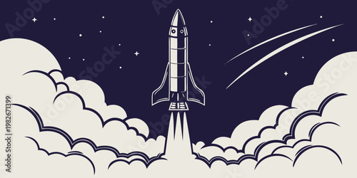 Stylized space rocket launch graphic illustration with smoke and star background business exploration technology propulsion launching discovery astronomy innovation illustration