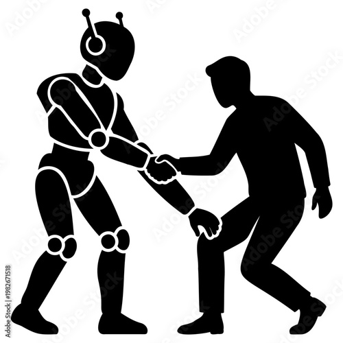 Minimalist vector graphic illustration showing a human silhouette shaking hands with a robot figure to represent a future of collaborative digital innovation
