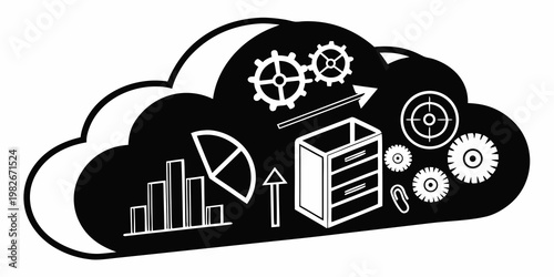 Cloud computing symbol containing business planning icons like gears graphs and filing cabinet with computing business planning management technology strategy illustration information