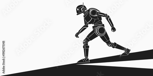 Robotic figure cautiously walking across a dark surface in a high contrast artistic style with cautious futuristic mechanical technology synthetic character innovation illustration