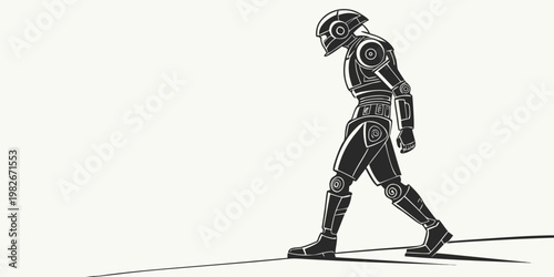 Sad futuristic robot walking with a slumped posture representing artificial intelligence depression or failure depressed futuristic mechanical technology downcast melancholy synthetic