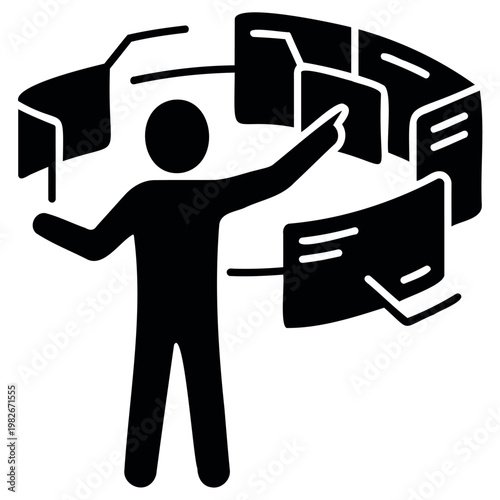 Stylized vector graphic of a figure engaging with a futuristic circular display of virtual documents, emphasizing innovative data management and interactive digital experiences.