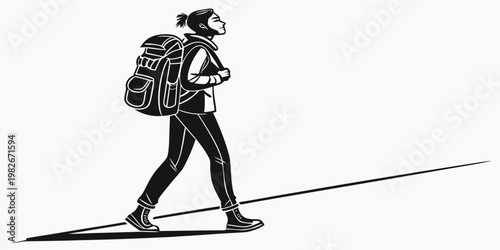 Silhouette illustration of a female traveler with a backpack walking forward on a line representing journey and exploration traveler backpacker adventure exploration backpack silhouette
