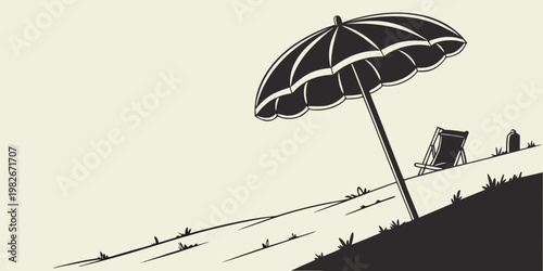 Summer beach scene silhouette with open sun umbrella and wooden deck chair umbrella sunshade silhouette vacation relaxation lifestyle sunbathing furniture enjoyment peaceful serenity