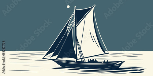 Sailboat crossing the sea under a night sky graphic illustration with sailboat nautical watercraft illustration minimalist transport navigation adventure seascape stylized creative