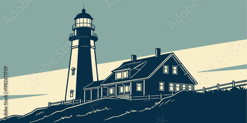 Graphic illustration of a lighthouse and house on a grassy clifftop coastal scene with lighthouse building architecture nautical landscape maritime illustration minimalist exterior