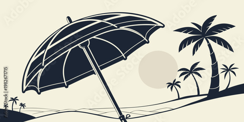 Silhouette illustration of a tropical beach scene with sun umbrella and palm trees at sunset umbrella tropical sunshade silhouette vacation relaxation lifestyle enjoyment peaceful
