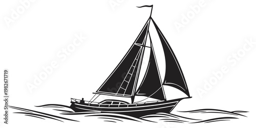 Classic sailboat navigating rough waves graphic art illustration with sailboat nautical watercraft illustration minimalist transport navigation adventure seascape monochrome stylized