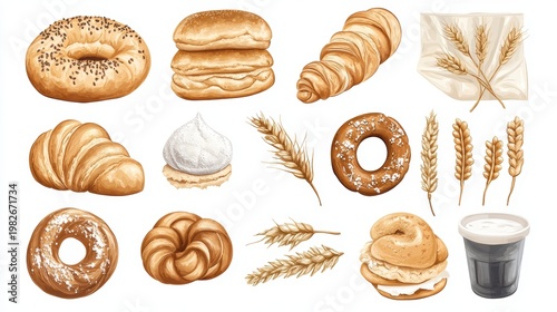 Bakery shop stall with bakery products, buying cake at a bakery store,baguette,cinnamon roll,bagel,croissant,home made fresh bread,Breakfast and cafe concept.