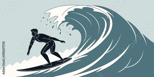 Surfer riding a large curling wave graphic vector art illustration with sea sport surfing sport graphic design surfing activity big wave surfboard vacation adventure illustration