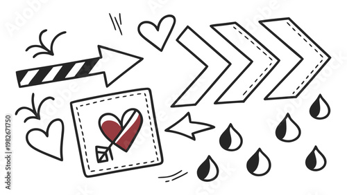 Hand drawn doodle set with arrows hearts and water drop elements handdrawn collection pointing decorative ornament abstract creative illustration direction affection isolated