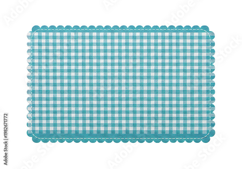 Teal Gingham Scalloped Placemat. Checkered Fabric Mat. Decorative Textile. Isolated on White.