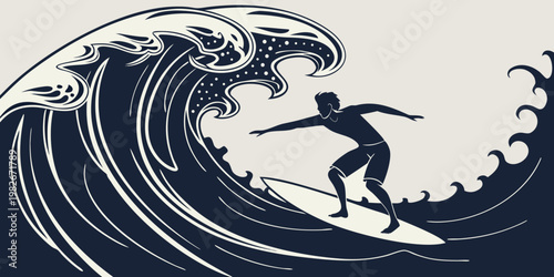 Vector illustration of a surfer riding a large curling oceanic wave with sea sport surfing sport graphic design surfing activity big wave surfboard vacation adventure illustration