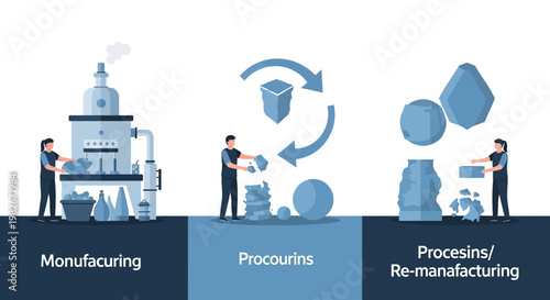 Illustration depicting the circular economy process, showcasing manufacturing, procurement, and re-manufacturing stages with human interaction and material flow.