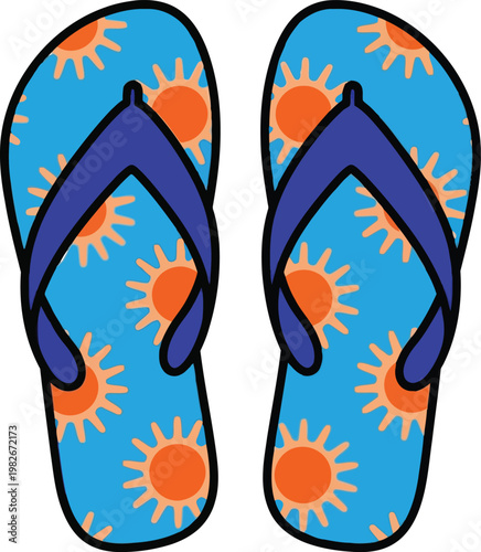 Vibrant blue flip flops with orange sun designs and purple straps for summer fun