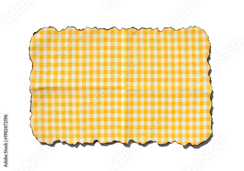 Yellow Gingham Burnt Paper. Rustic Checkered Background. Vintage Plaid Frame. Textured Edges. Design Element.