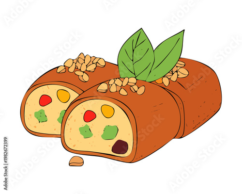 Chocolate dessert rolls with colorful cream and fruit filling for a delicious gourmet snack - Vector Illustration