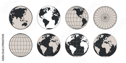 Globe icons set black color flat design world map vector template Earth hemispheres continents world geography symbol collection illustration