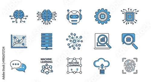 Artificial Intelligence Icons: Brain, Robot, Data, Cloud, Security, Machine Learning