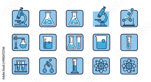 Science Icons: Microscope, Beakers, Test Tubes, Atom, Molecular Model
