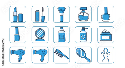 Beauty Cosmetics Icons Set: Makeup, Perfume, Hairdryer, Mirror, Cream, Brush
