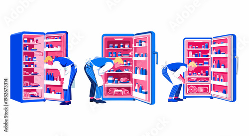 Modern flat vector illustration of man looking into open refrigerator, hungry person searching for food in fridge, kitchen appliance set in blue and pink