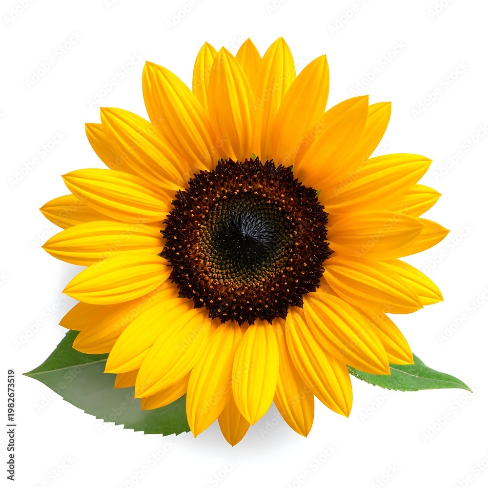 Naklejka premium A large yellow flower with dark center and green leaves