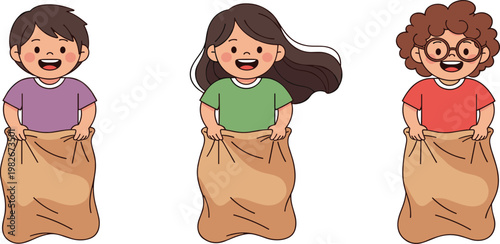 Happy kids sack race vector illustration featuring children jumping in burlap bags outdoor game cartoon characters isolated design